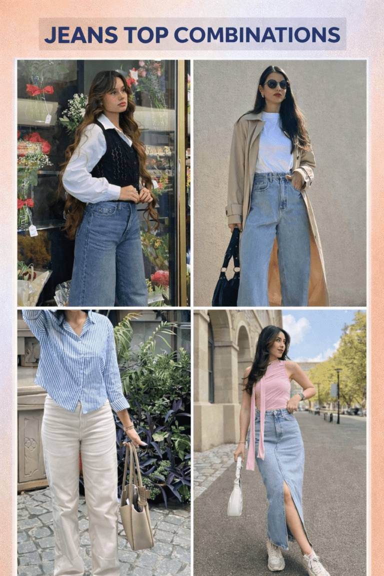 Jeans top combination poster featuring modern casual outfits with denim jeans and trendy tops for women