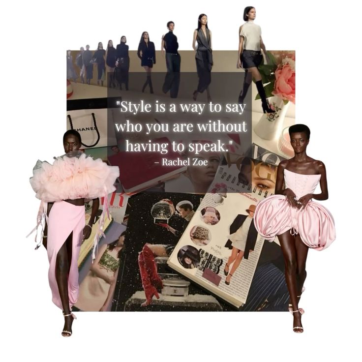 Fashion inspiration collage with runway models,mood board,and style quote