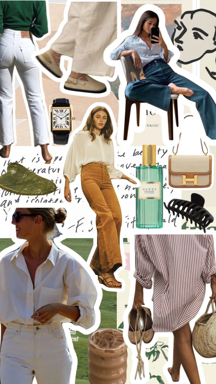 Flat lay of budget-friendly everyday fashion essential including white shirt ,blue jeans,perfume,accessories and lifestyle items