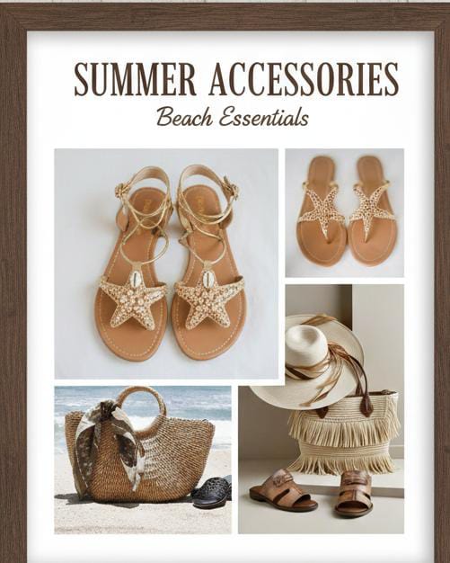 “Summer accessories and footwear for women including sandals, straw bags, sunglasses, and hats”