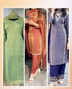Traditional salwar suit poster featuring green, rust orange and purple embroidered ethnic outfits for women